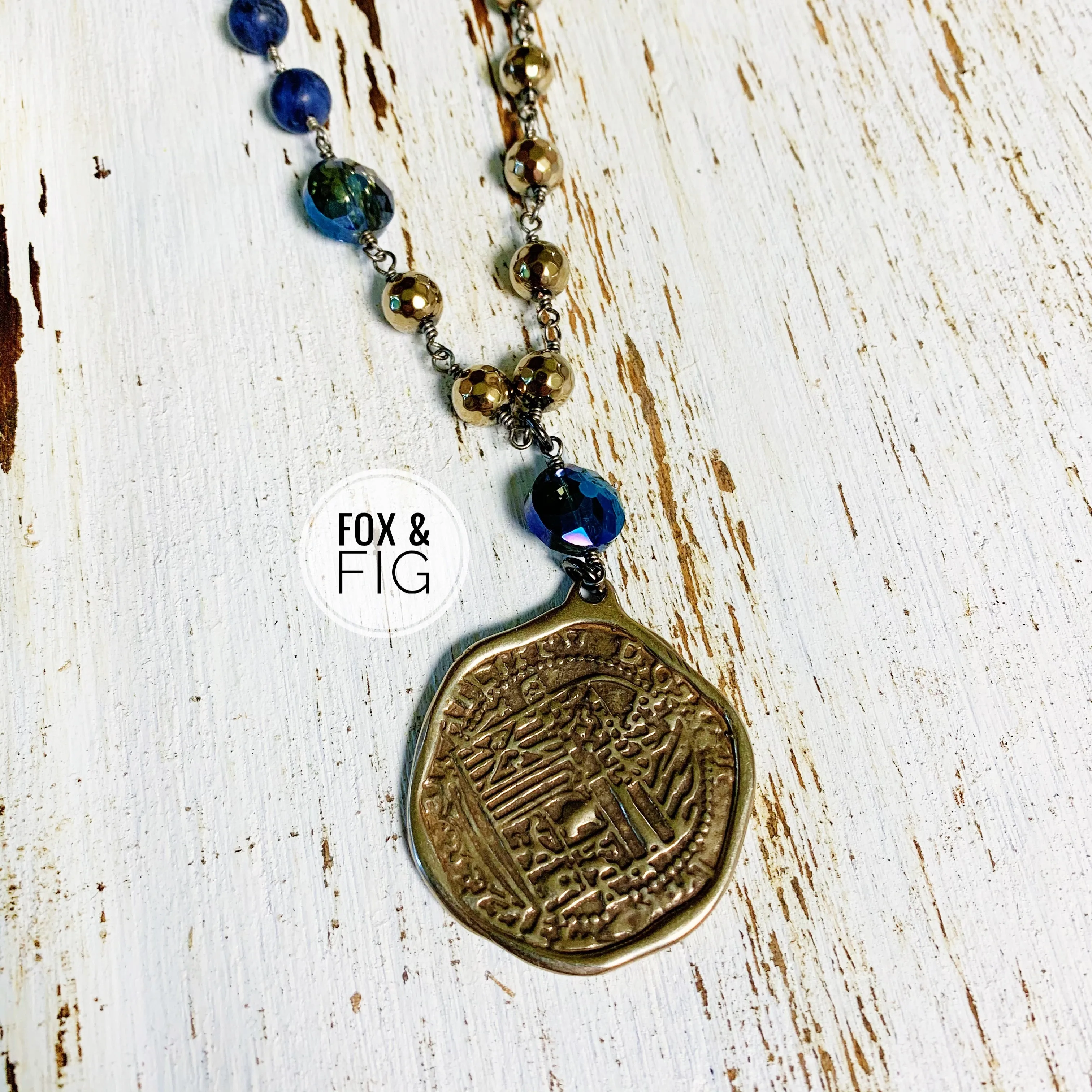 Lapis, Pyrite, Crystal, and Hand Cast White Bronze Pendant Necklace