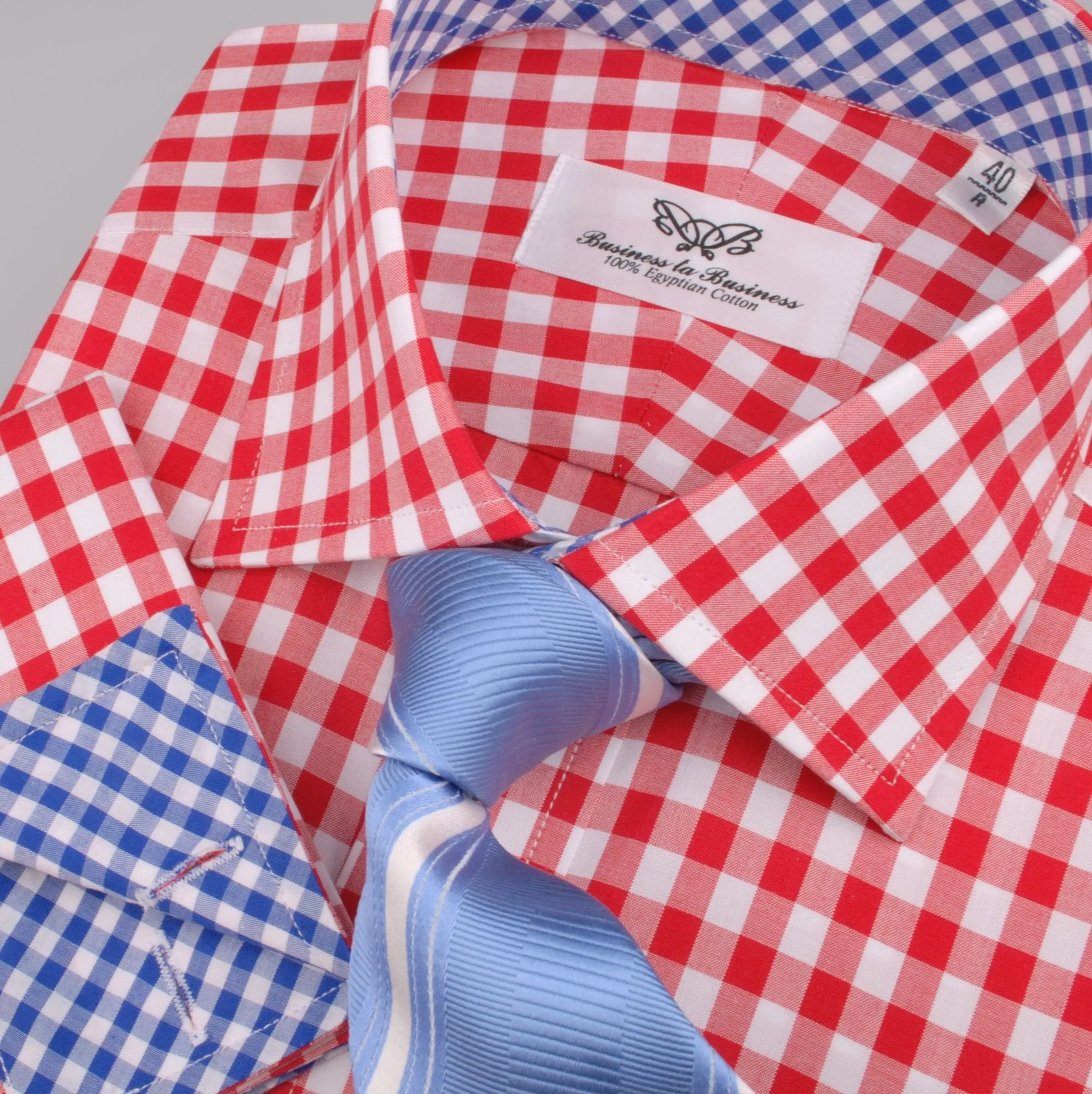 Large Red Gingham Check Formal Business Dress Shirt Blue Contrast Fashion