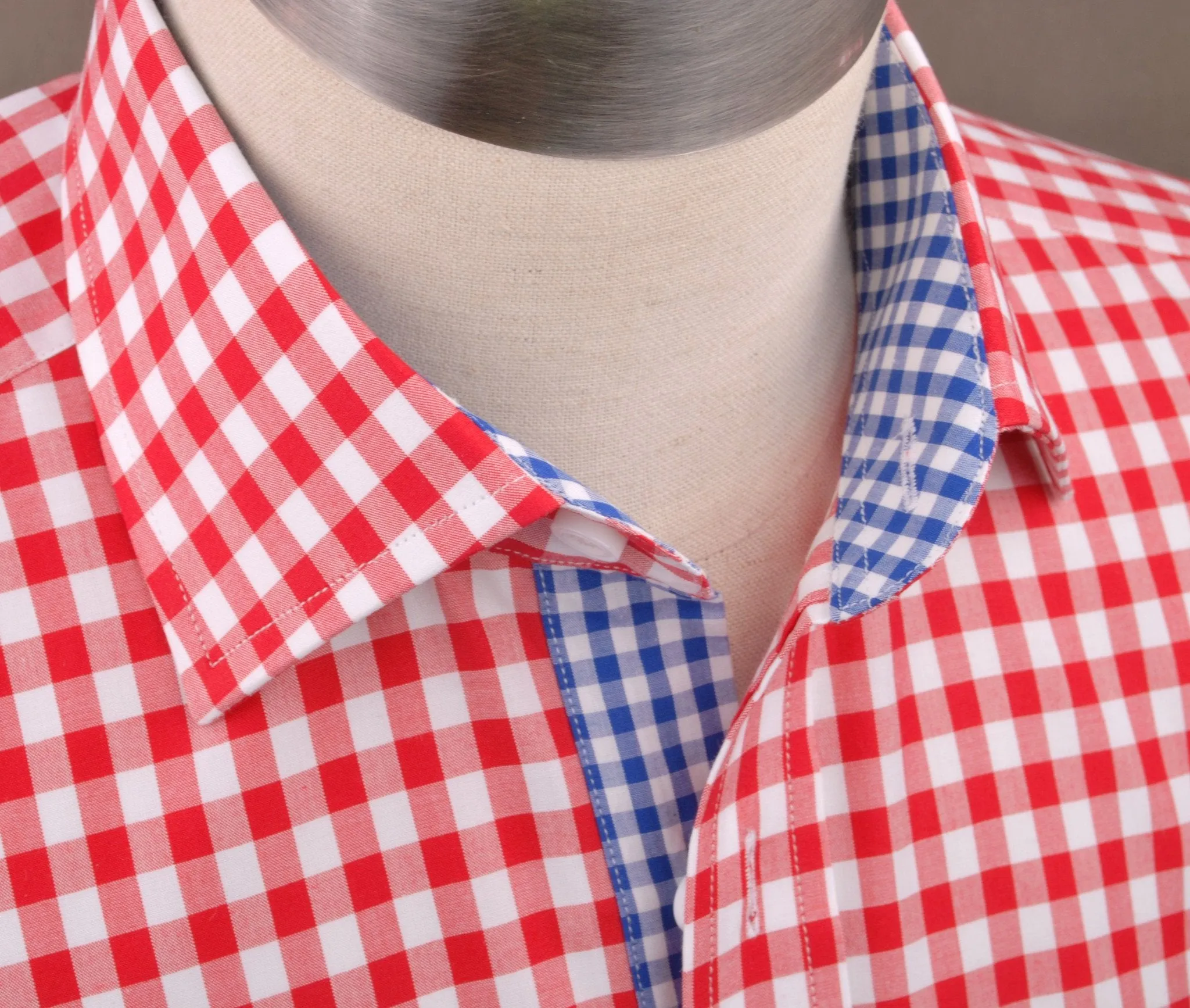 Large Red Gingham Check Formal Business Dress Shirt Blue Contrast Fashion