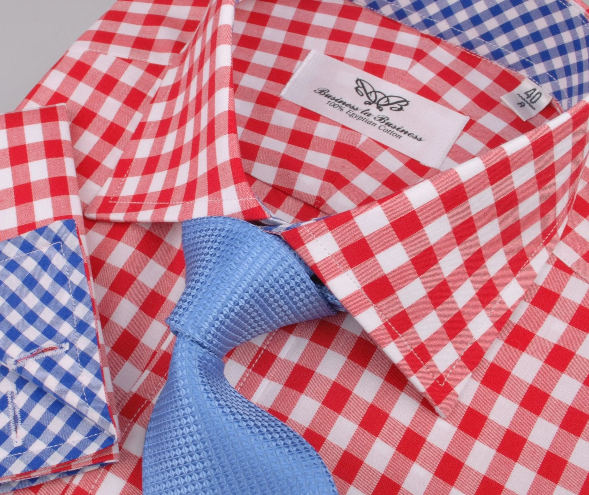 Large Red Gingham Check Formal Business Dress Shirt Blue Contrast Fashion