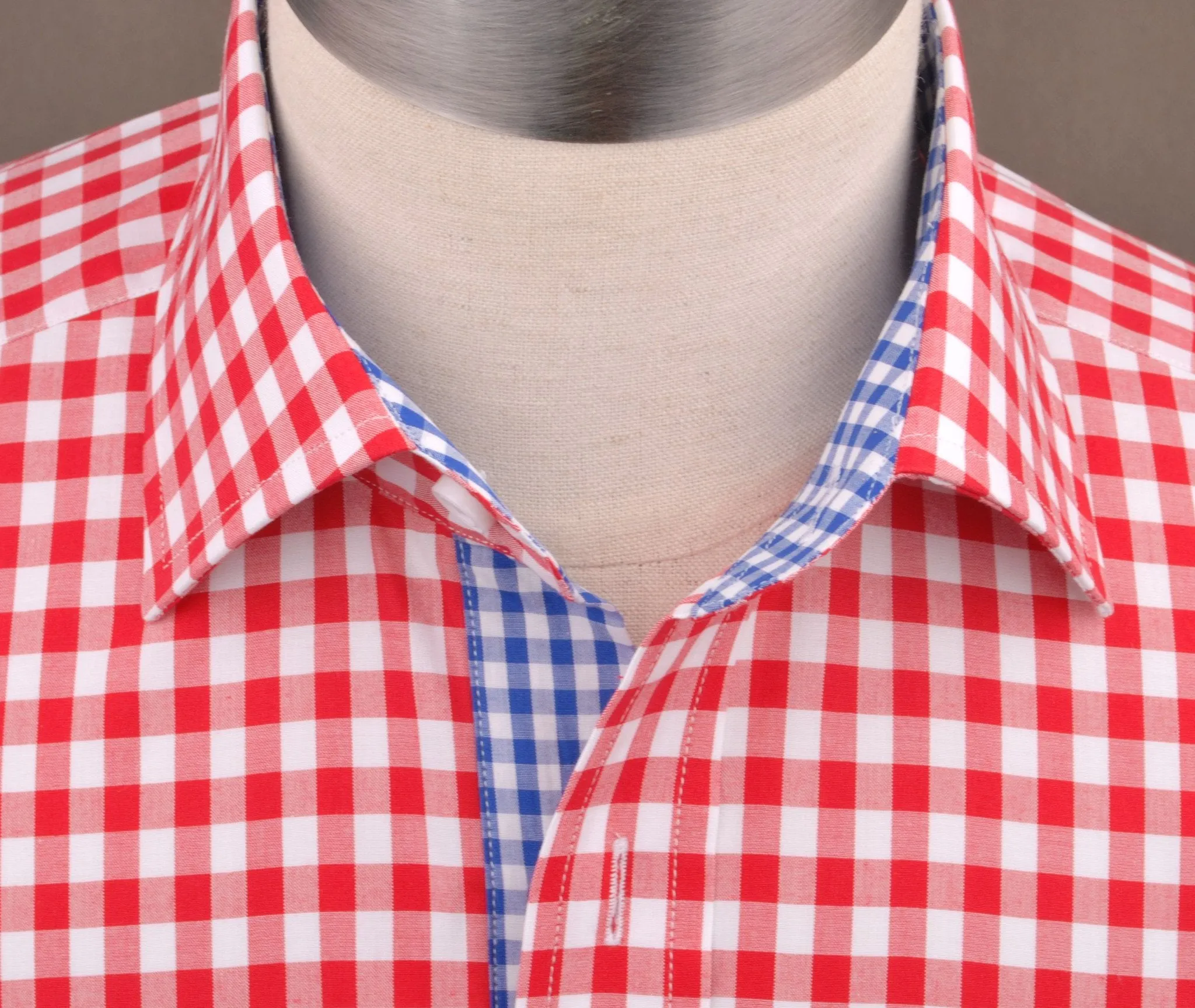 Large Red Gingham Check Formal Business Dress Shirt Blue Contrast Fashion