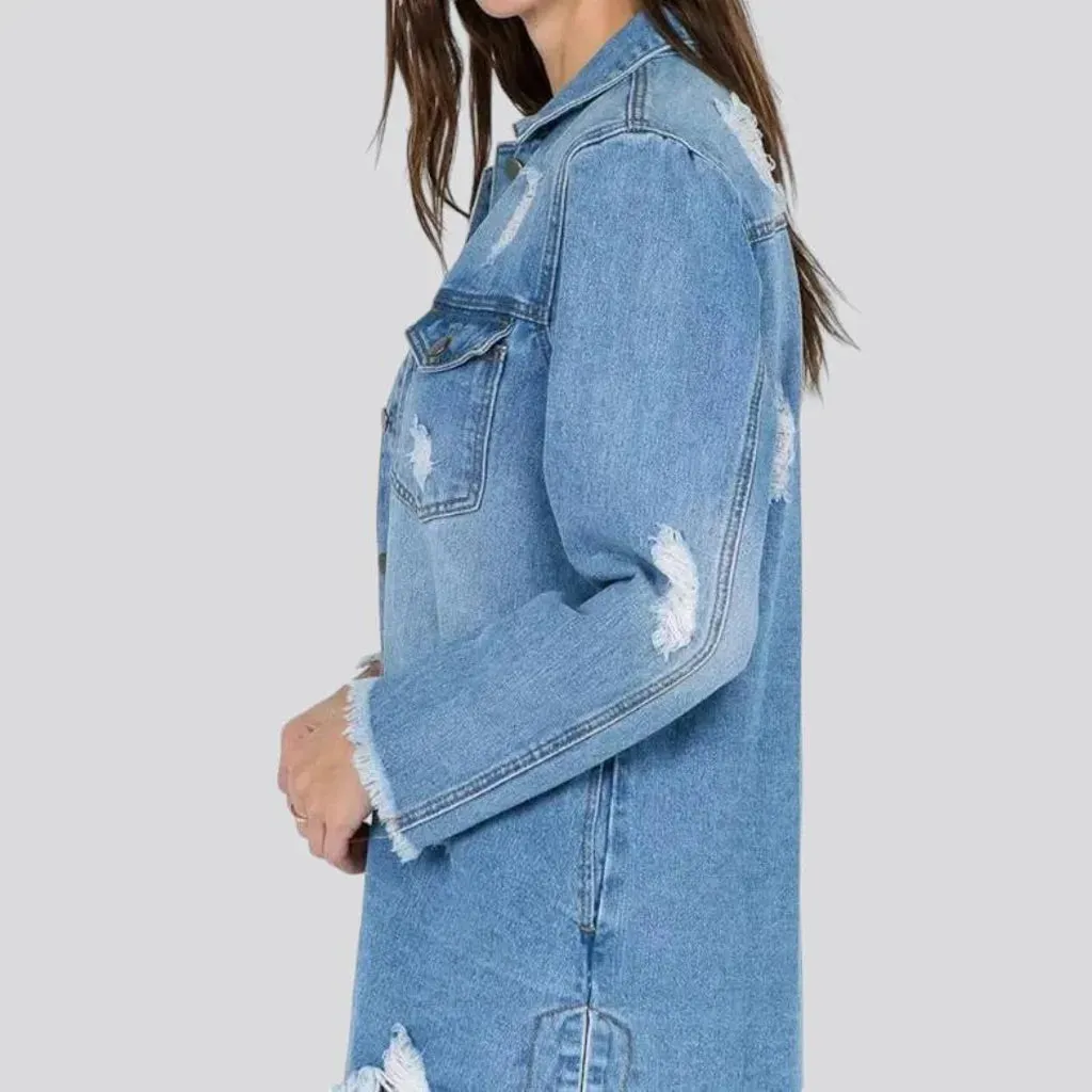 Light wash frayed jacket jean shirt for ladies