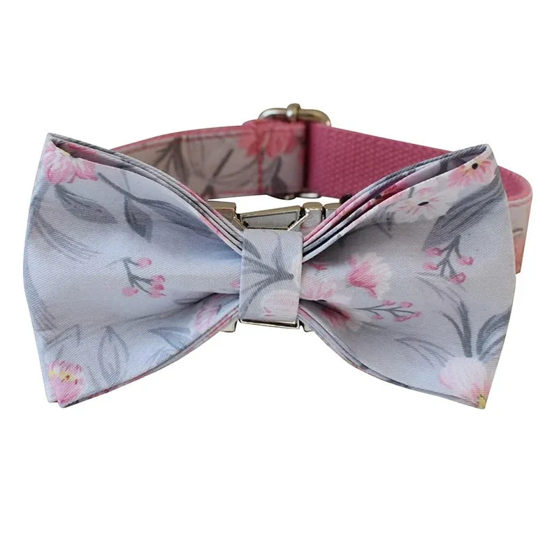 Lilac Pink Floral Collar with Detachable Bow Tie Personalized Leash Set