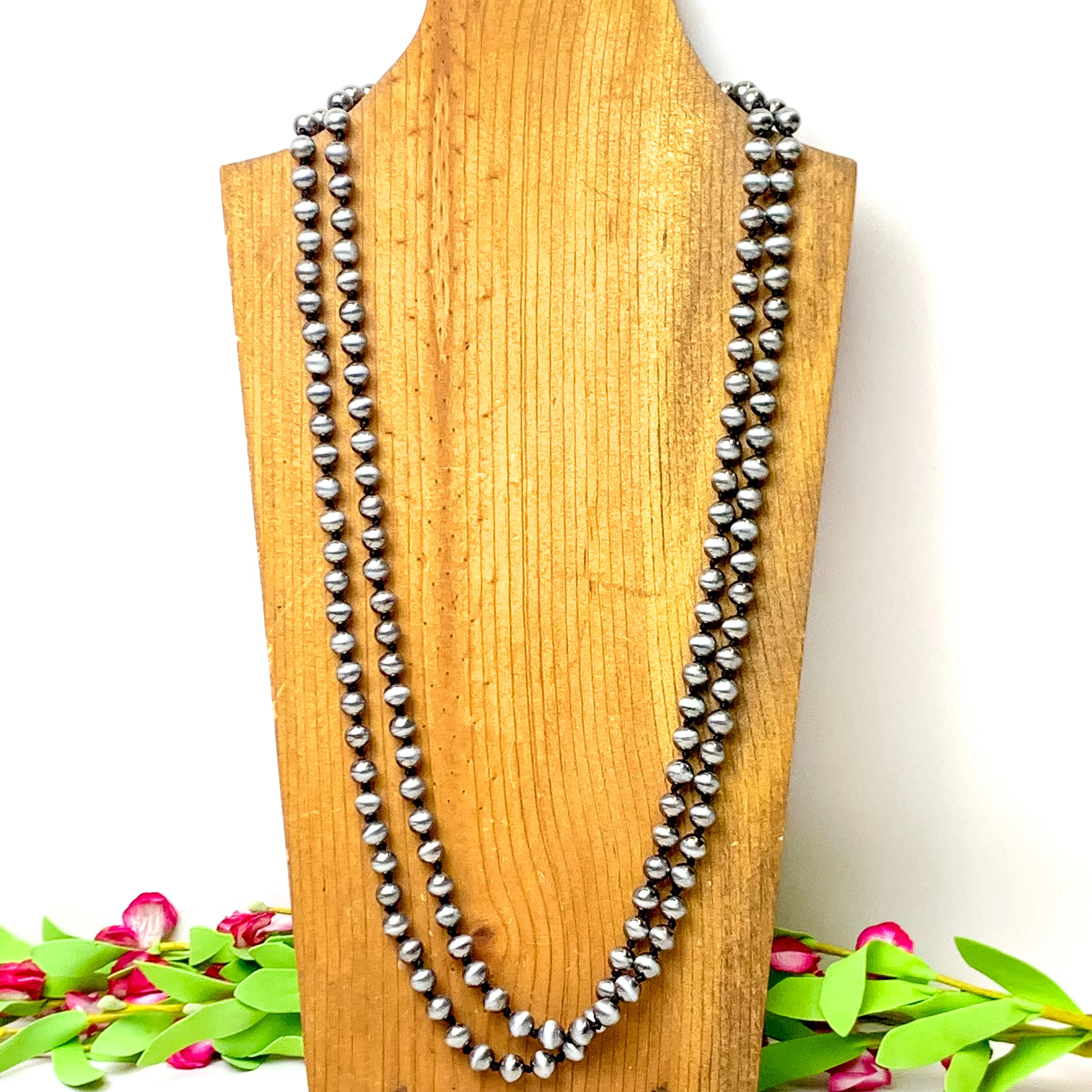 Long Faux Navajo Pearl Layering Necklace in Silver Tone