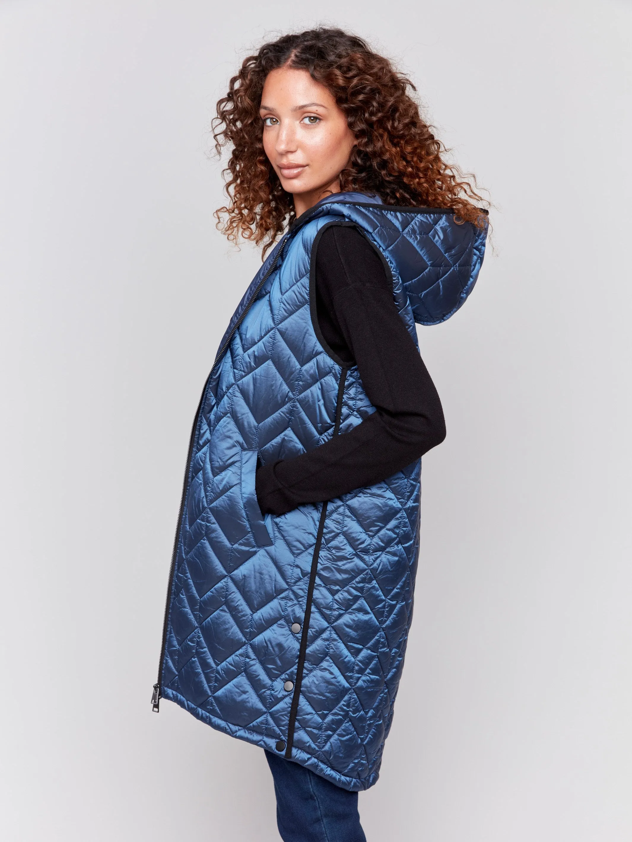 Long Quilted Puffer Vest with Hood - Glacier