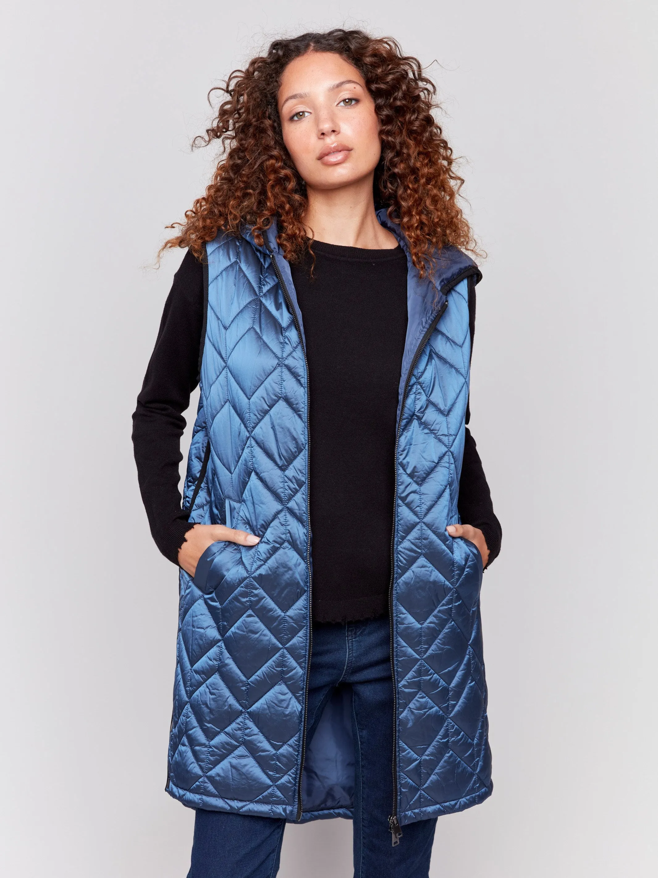 Long Quilted Puffer Vest With Hood - Glacier