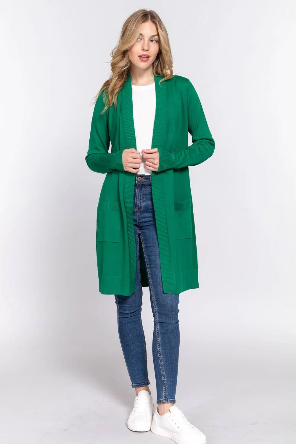 Long Sleeve Rib Banded Open Tunic Sweater Cardigan (green)