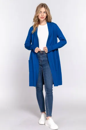 Long Sleeve Rib Banded Open Tunic Sweater Cardigan (teal blue)