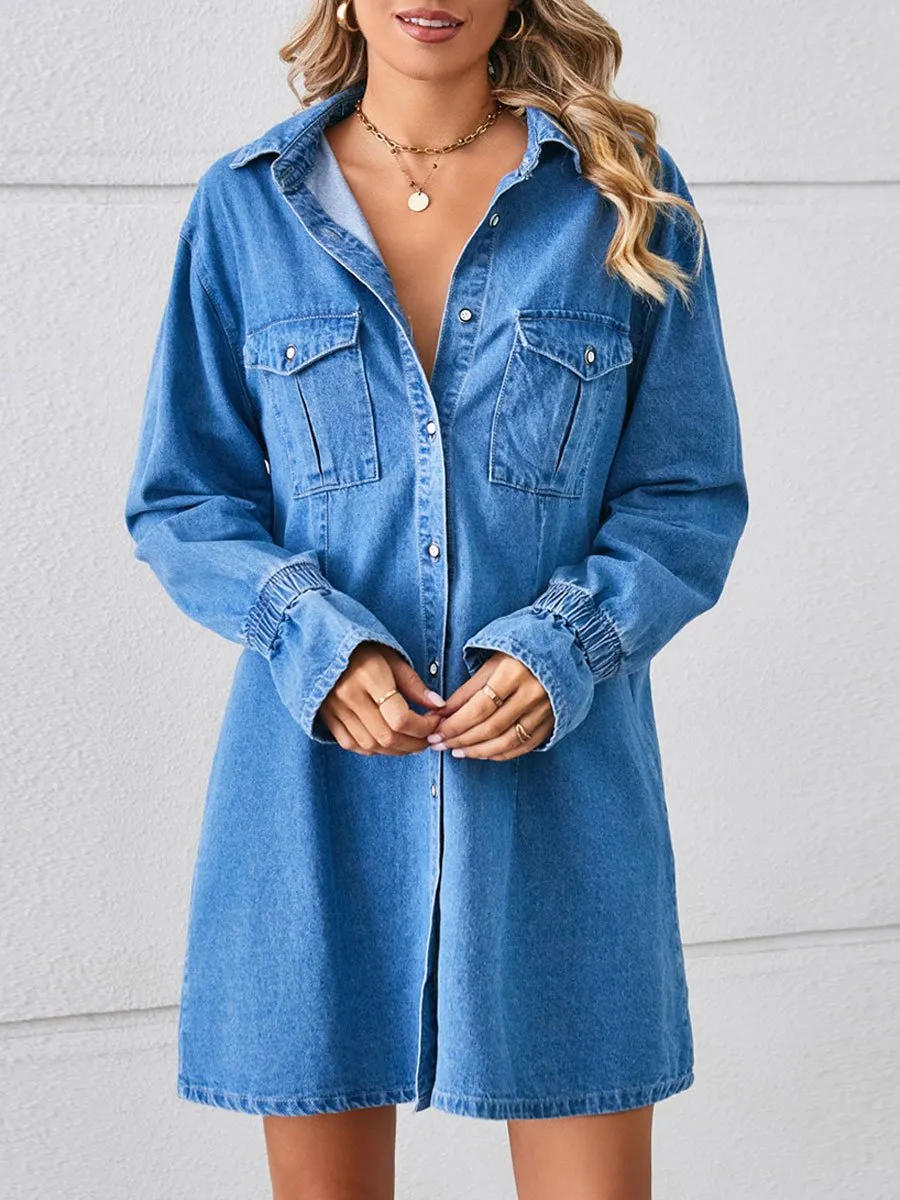 Loose Casual Fashion Vintage Denim Long Sleeve Shirt Style Mini Dress