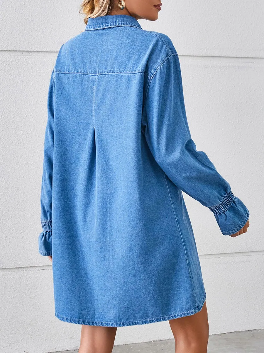 Loose Casual Fashion Vintage Denim Long Sleeve Shirt Style Mini Dress