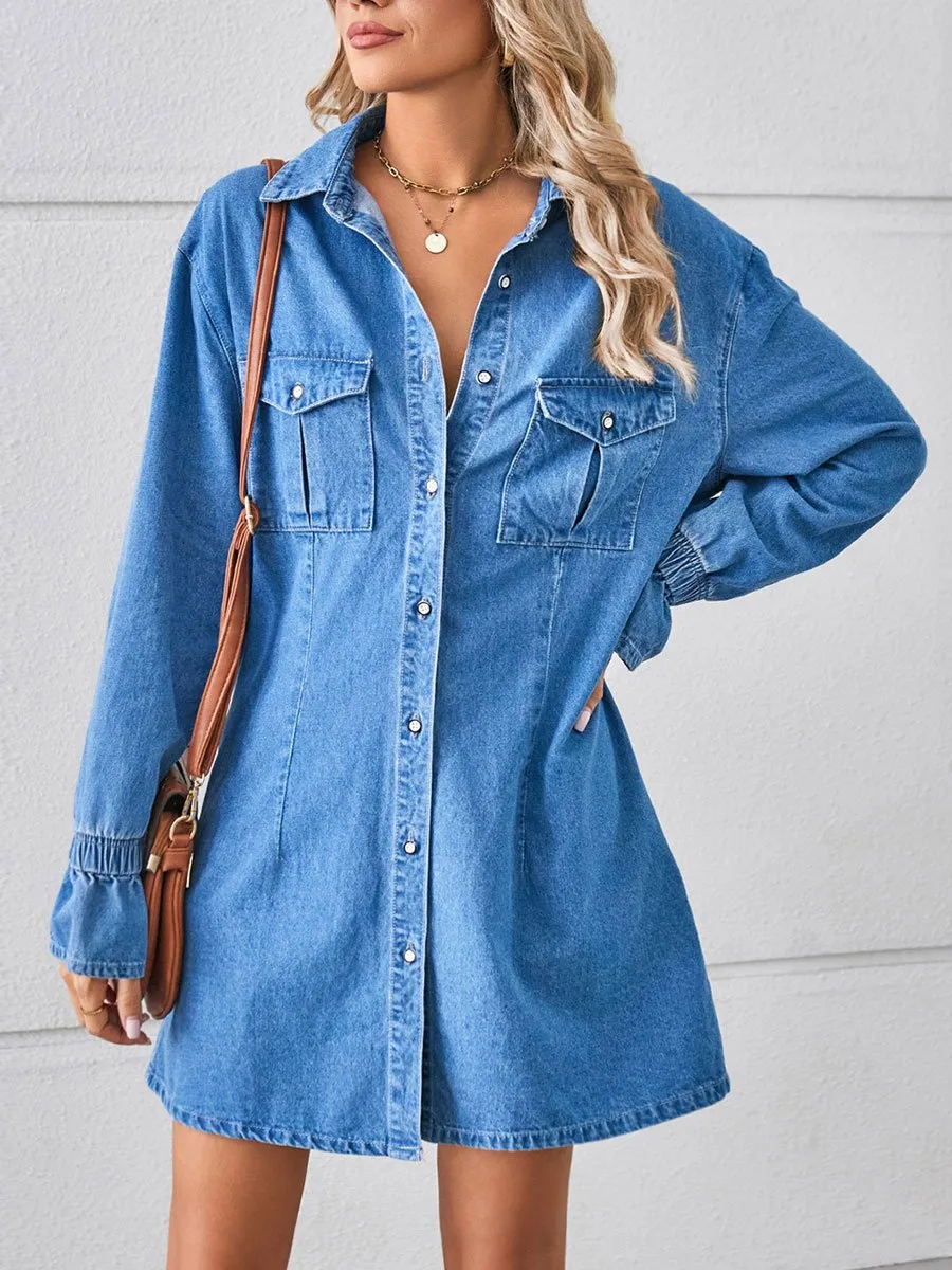 Loose Casual Fashion Vintage Denim Long Sleeve Shirt Style Mini Dress