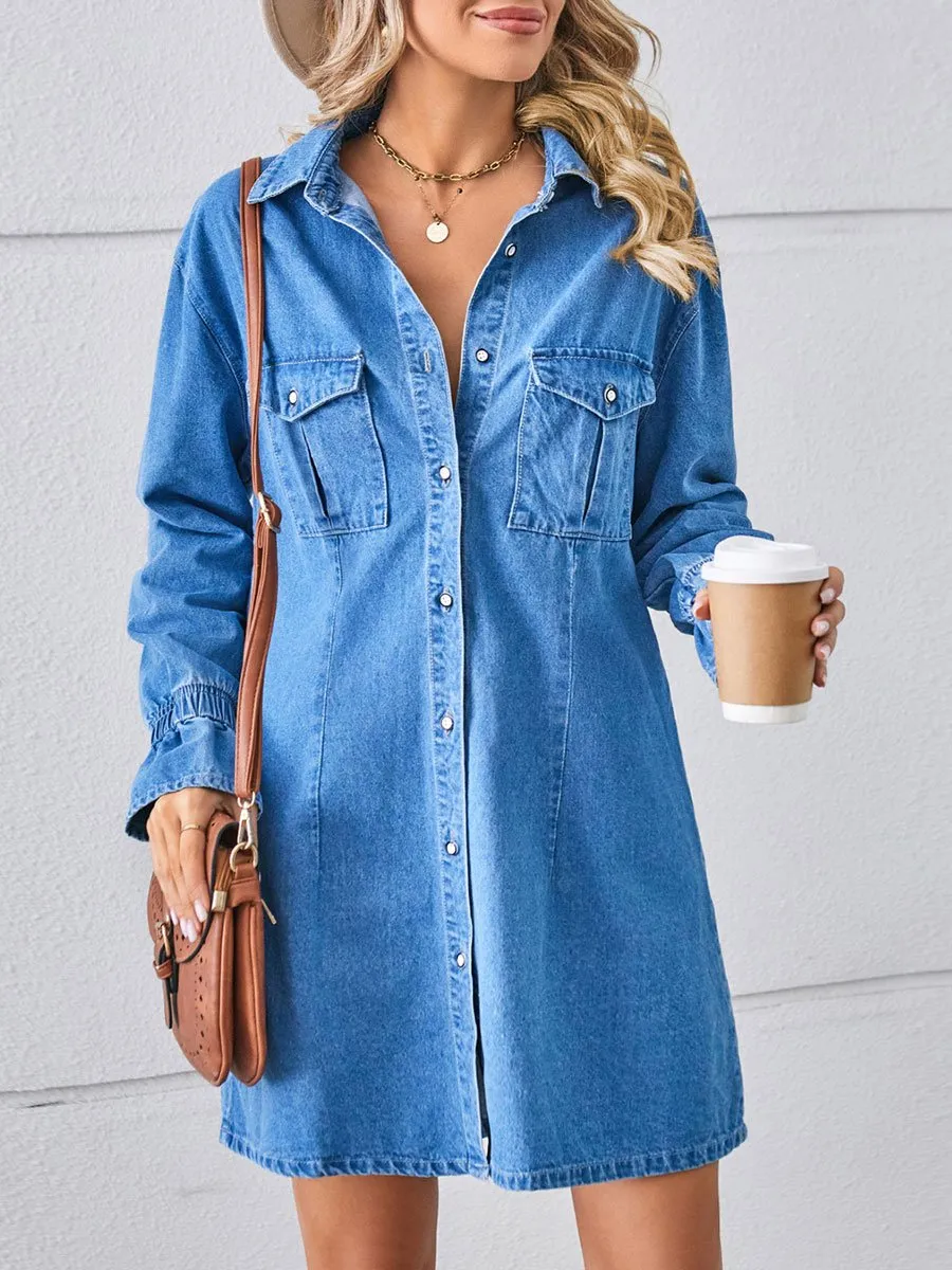 Loose Casual Fashion Vintage Denim Long Sleeve Shirt Style Mini Dress