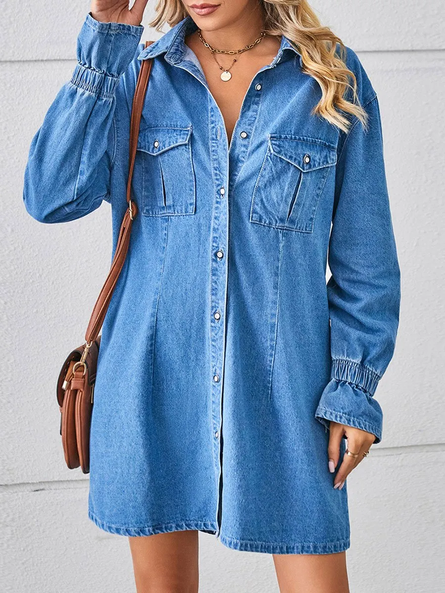 Loose Casual Fashion Vintage Denim Long Sleeve Shirt Style Mini Dress