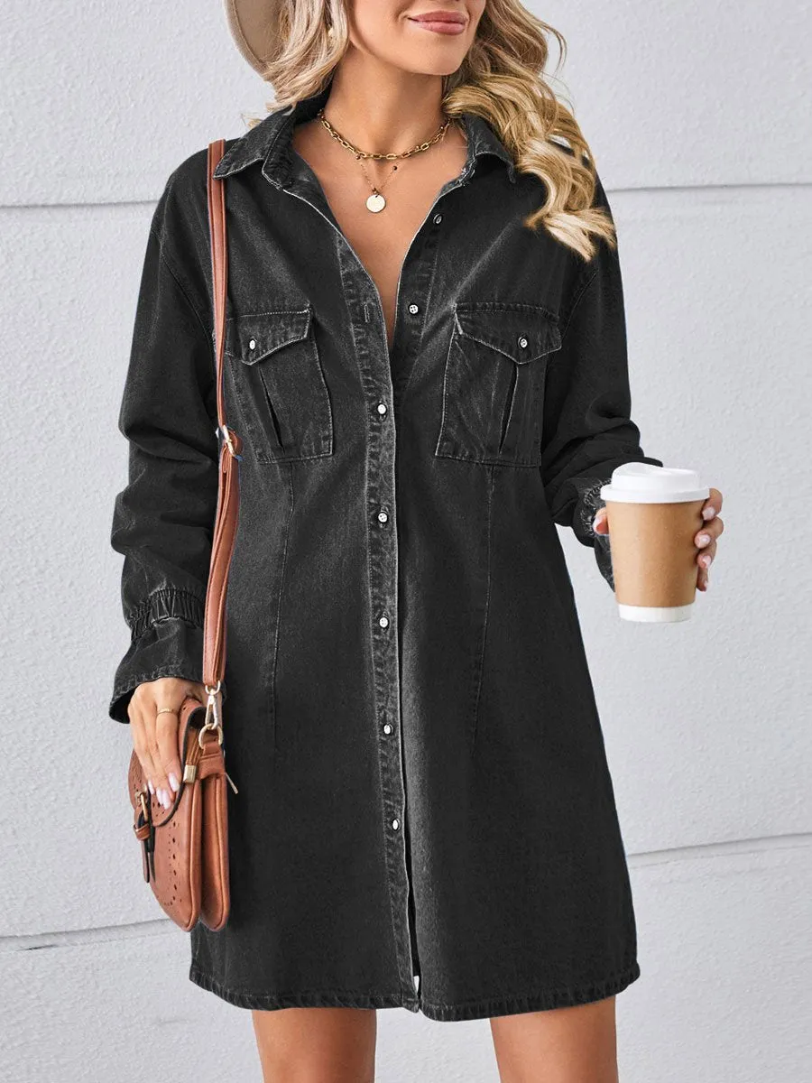 Loose Casual Fashion Vintage Denim Long Sleeve Shirt Style Mini Dress