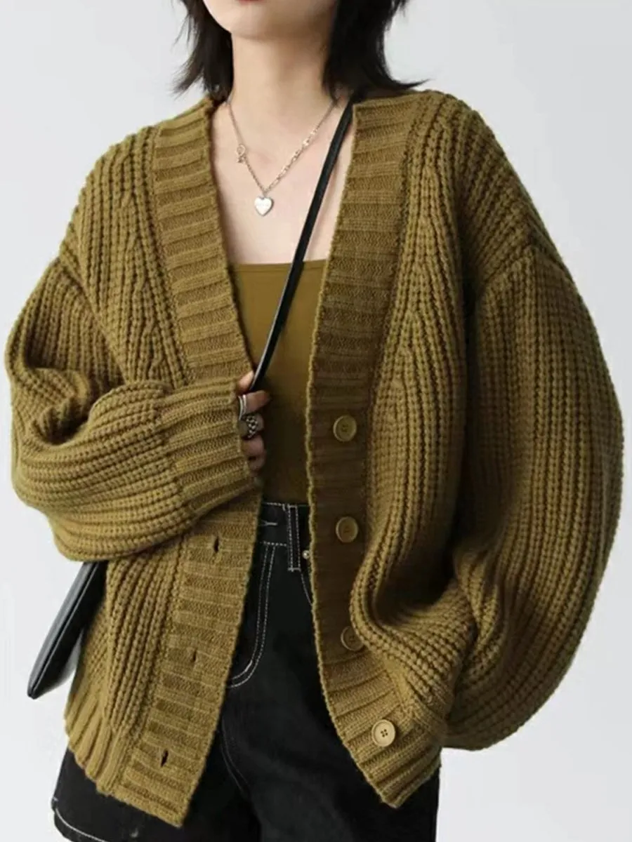 Loose V-neck Chunky Australian Wool Knitted Cardigan