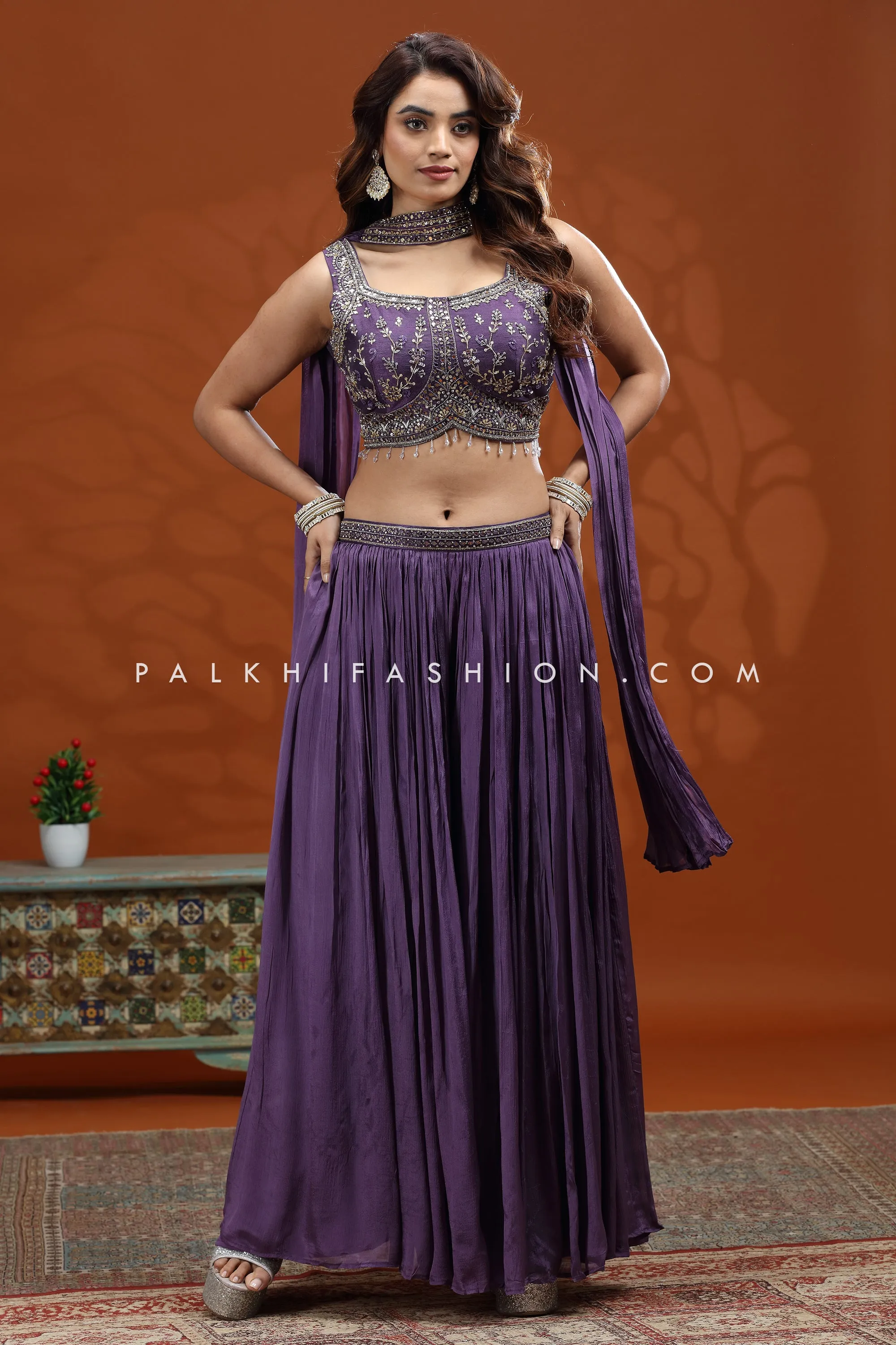 Majestic Splendor: Handcrafted Deep Purple Crop Top Palazzo Set