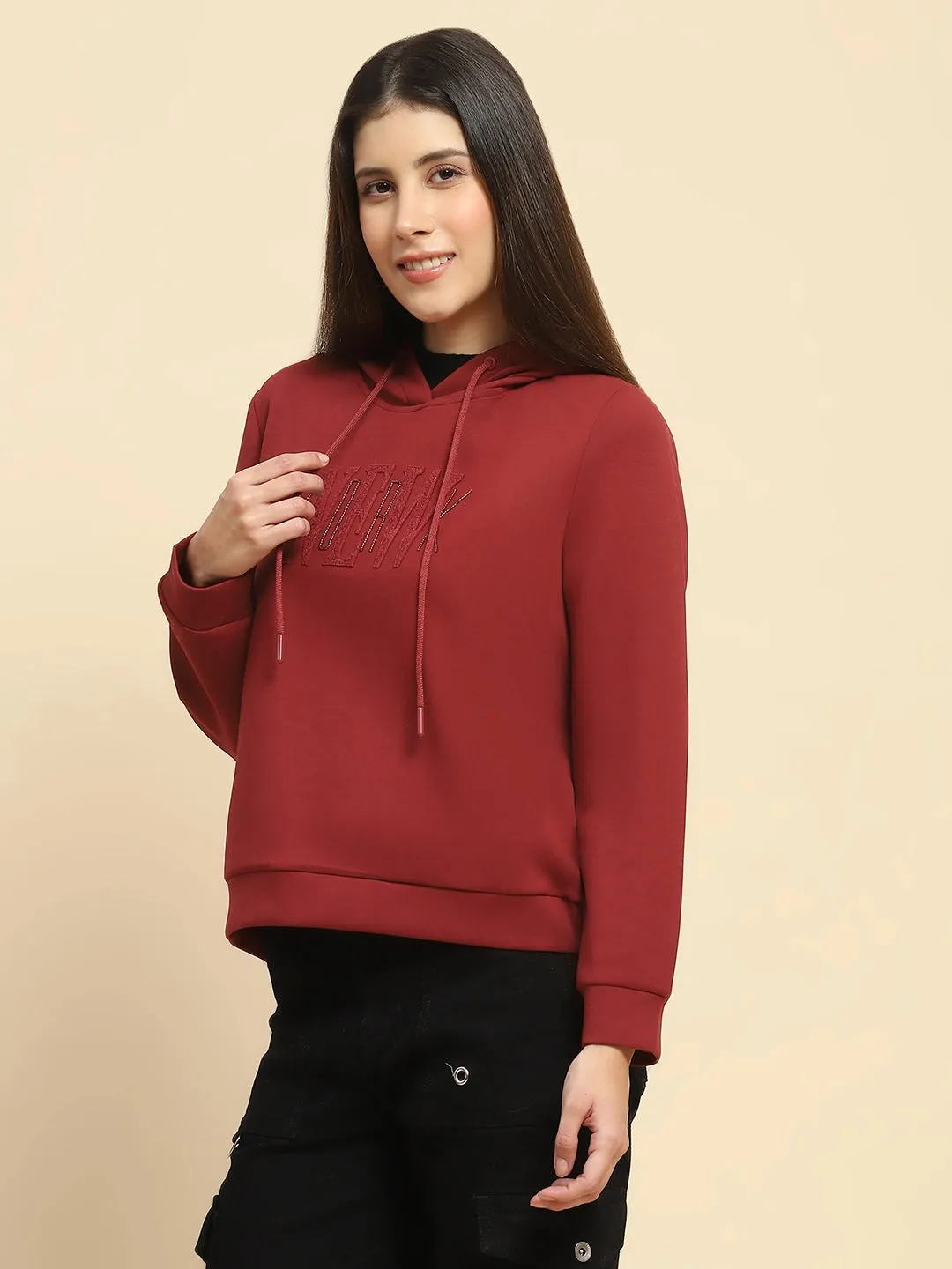 Maroon Poly Blend Embroidered Loose Fit Sweatshirt