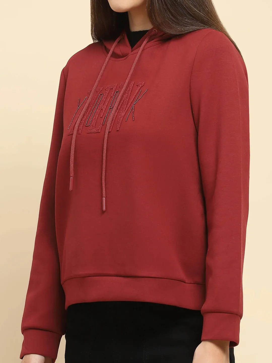 Maroon Poly Blend Embroidered Loose Fit Sweatshirt