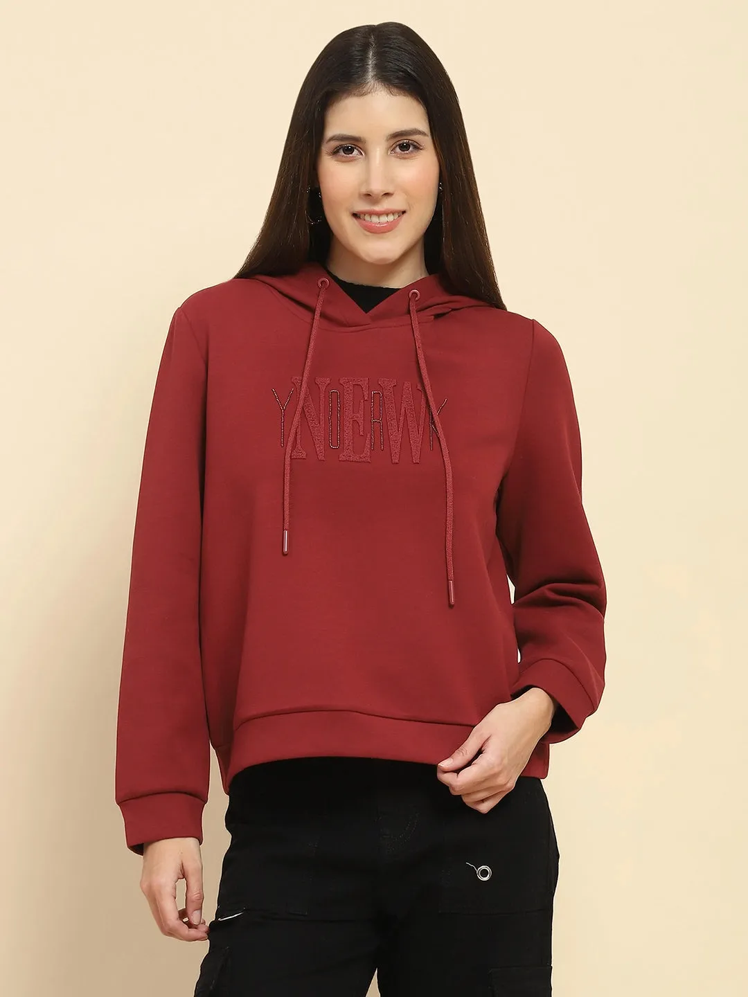 Maroon Poly Blend Embroidered Loose Fit Sweatshirt