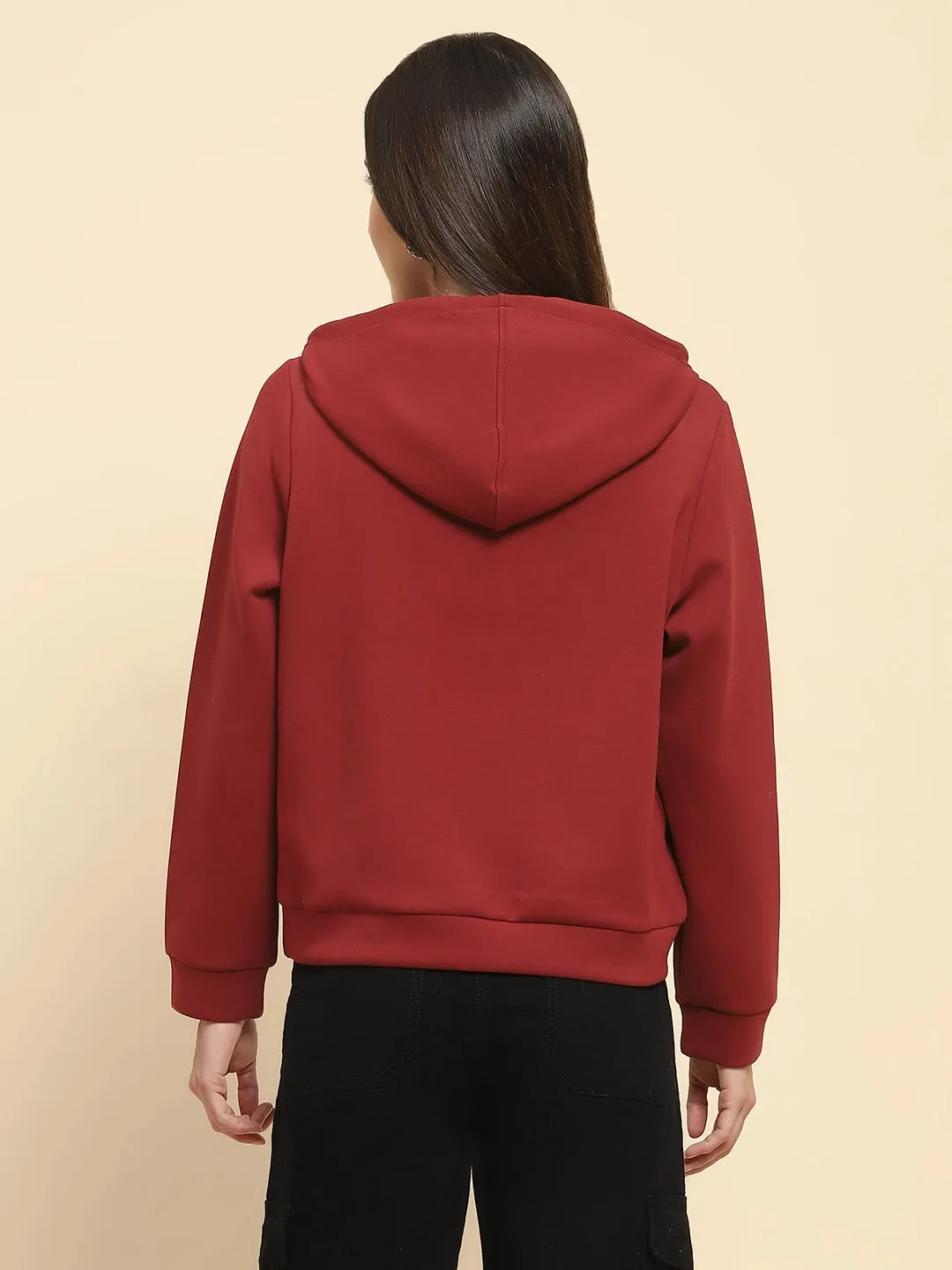 Maroon Poly Blend Embroidered Loose Fit Sweatshirt