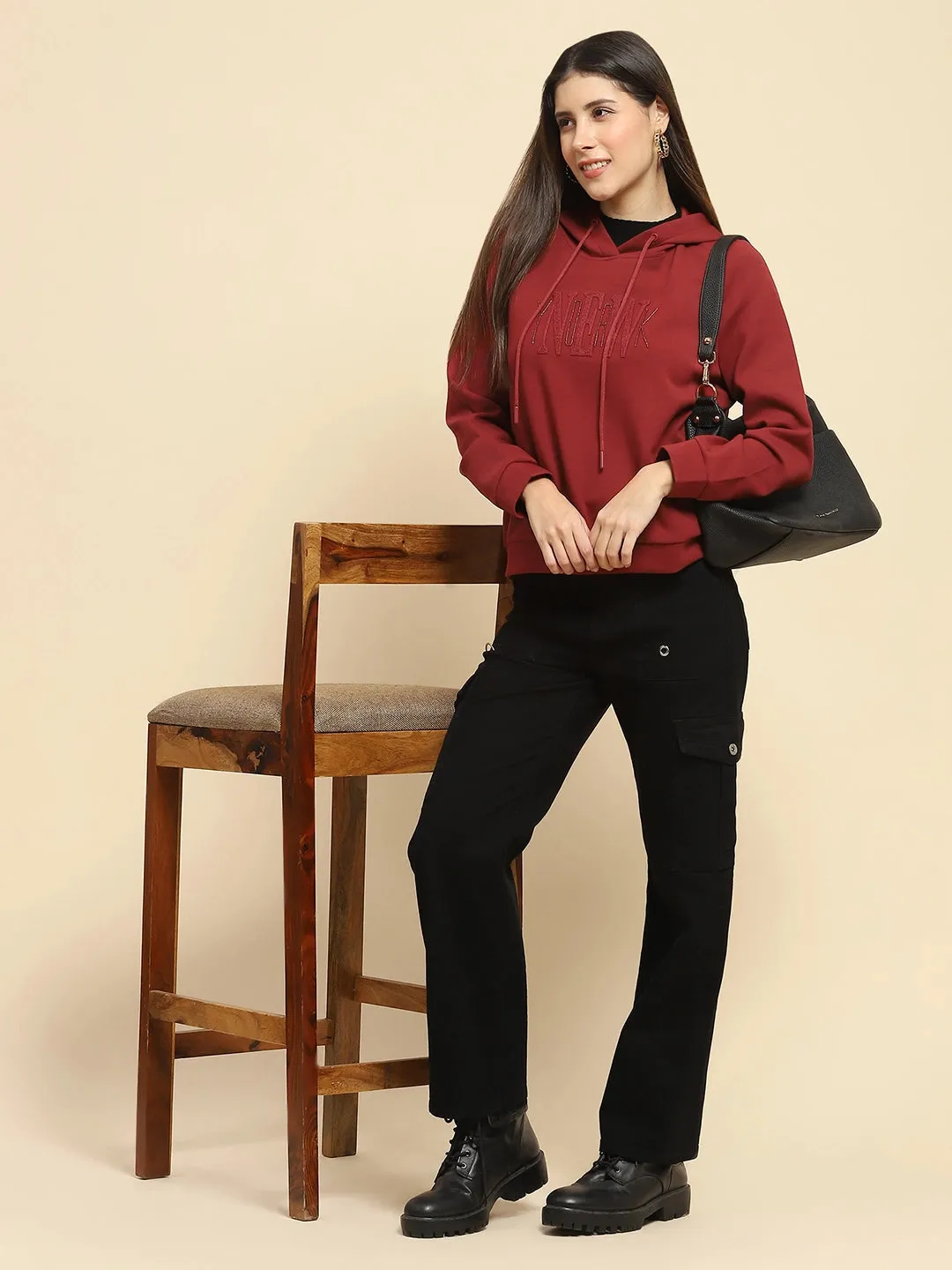 Maroon Poly Blend Embroidered Loose Fit Sweatshirt