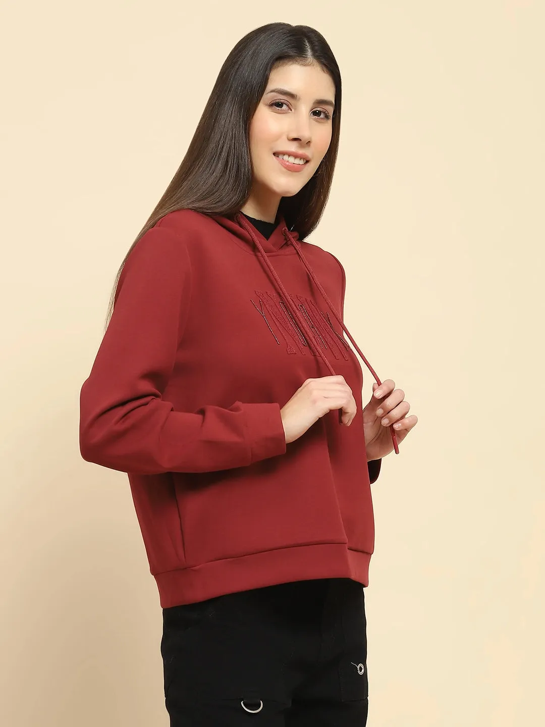 Maroon Poly Blend Embroidered Loose Fit Sweatshirt