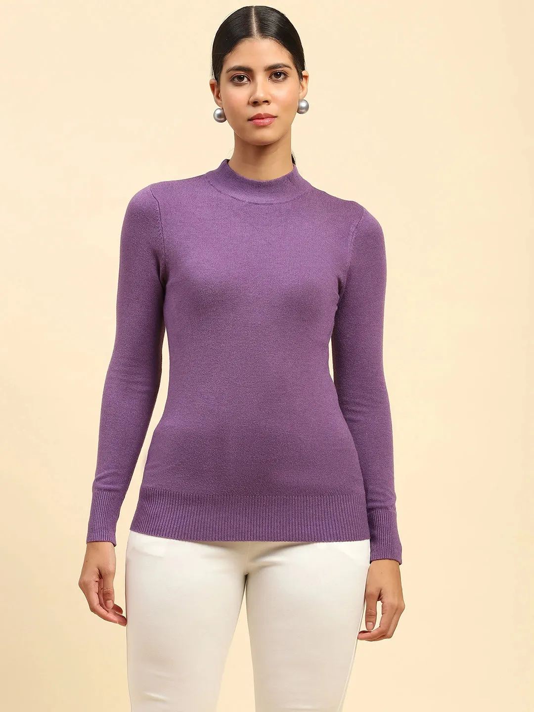 Mauve Solid Poly Blend High Neck Skivvy Pullover