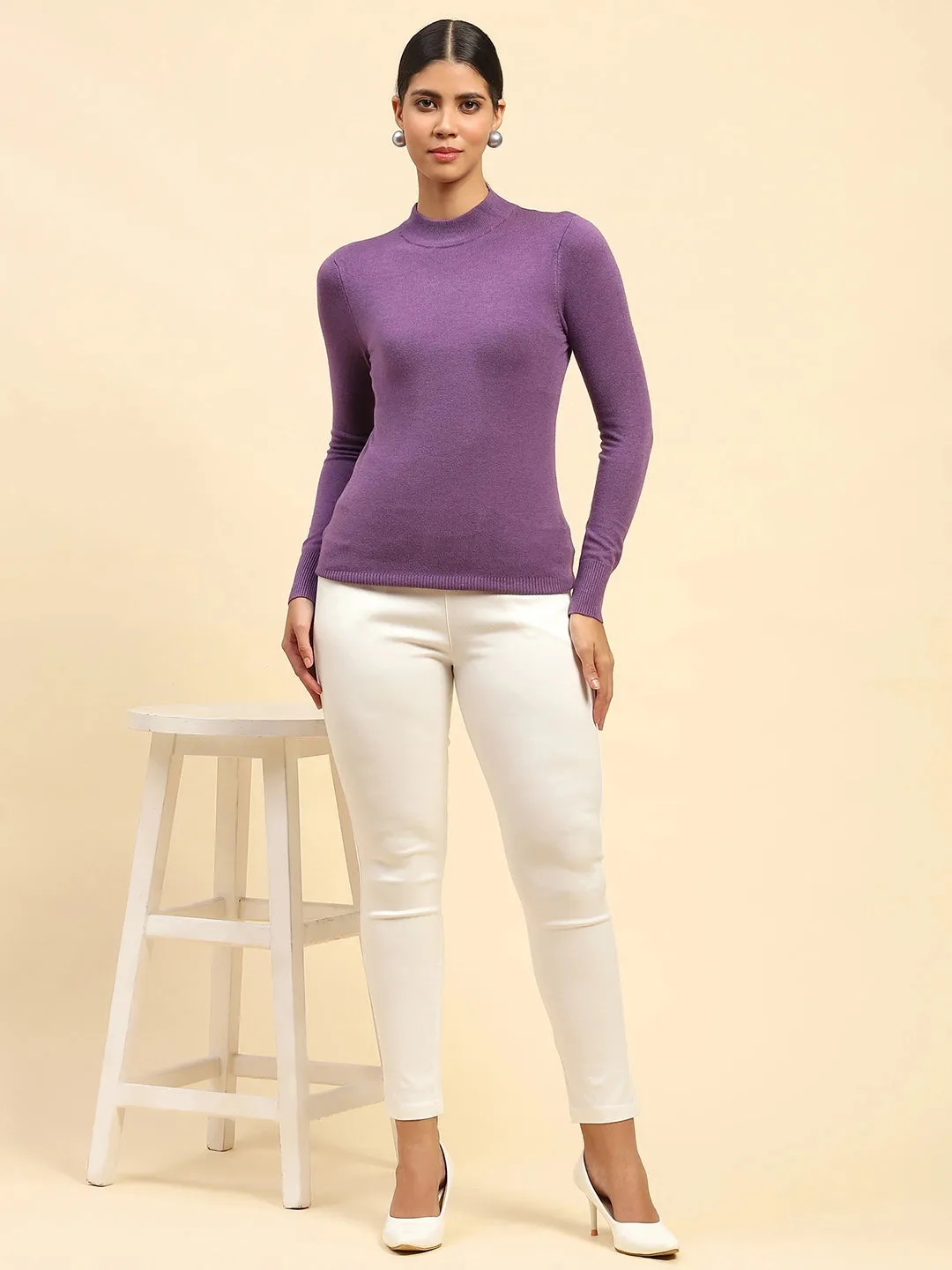 Mauve Solid Poly Blend High Neck Skivvy Pullover