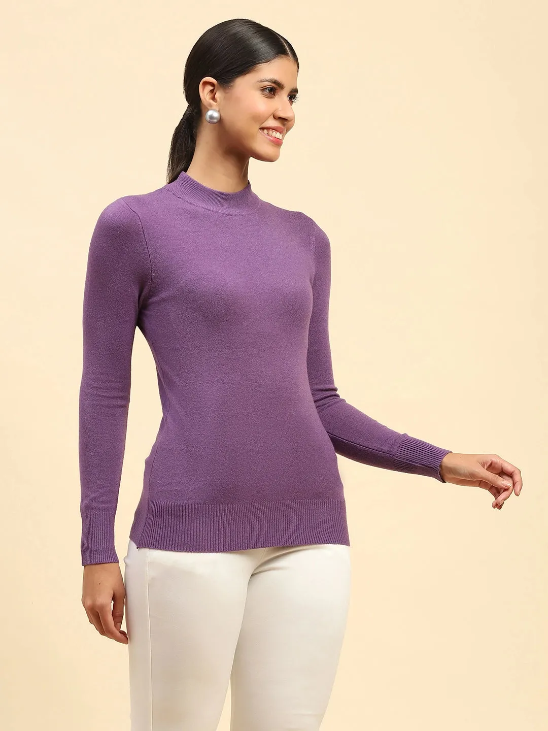 Mauve Solid Poly Blend High Neck Skivvy Pullover