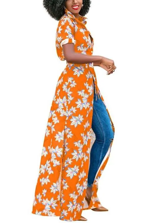 MB FASHION Floral Maxi Shirt with Tie Waist and Open Front Design 5931