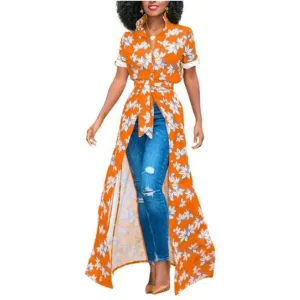 MB FASHION Floral Maxi Shirt with Tie Waist and Open Front Design 5931