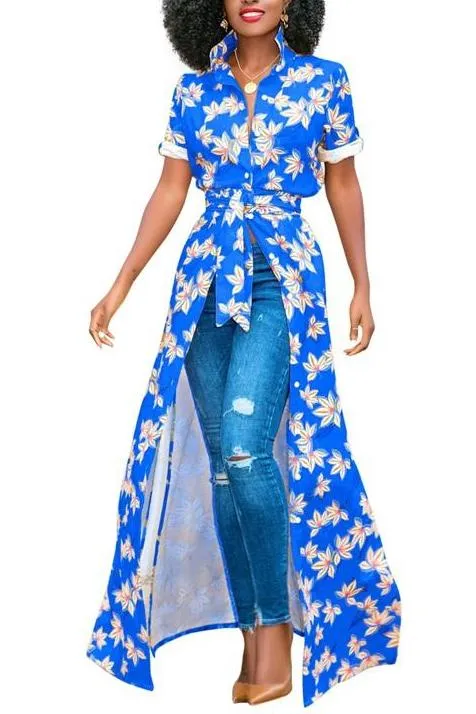 MB FASHION Floral Maxi Shirt with Tie Waist and Open Front Design 5931