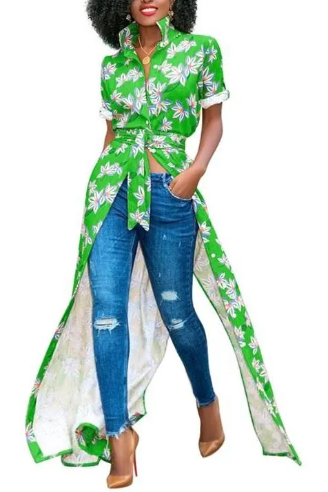 MB FASHION Floral Maxi Shirt with Tie Waist and Open Front Design 5931