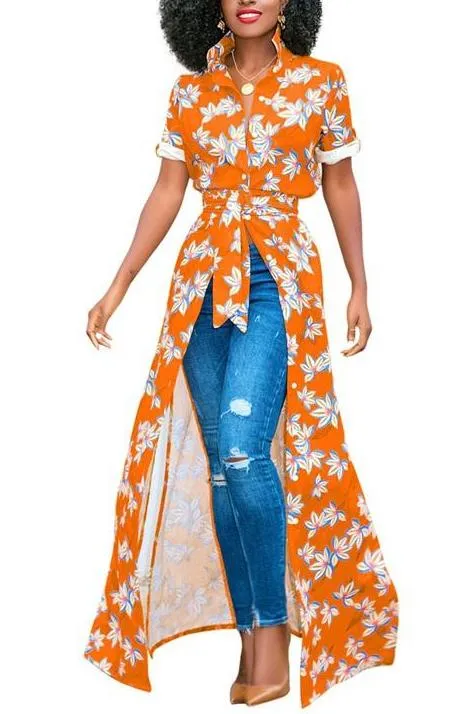 MB FASHION Floral Maxi Shirt with Tie Waist and Open Front Design 5931