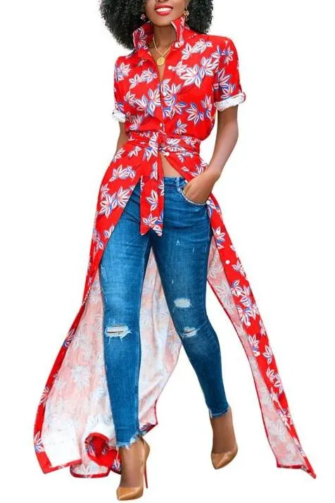 MB FASHION Floral Maxi Shirt with Tie Waist and Open Front Design 5931