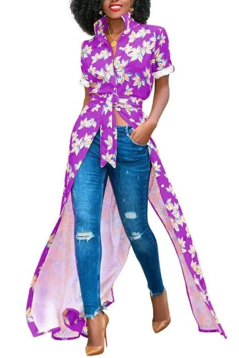 MB FASHION Floral Maxi Shirt with Tie Waist and Open Front Design 5931