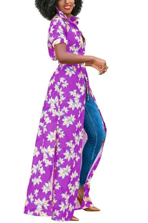 MB FASHION Floral Maxi Shirt with Tie Waist and Open Front Design 5931