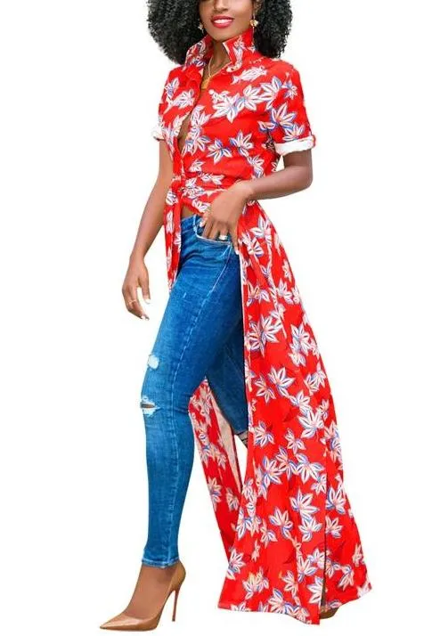 MB FASHION Floral Maxi Shirt with Tie Waist and Open Front Design 5931