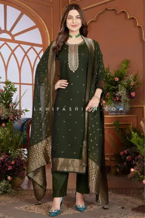 Mehndi Green Straight-Cut Suit with Classic Work