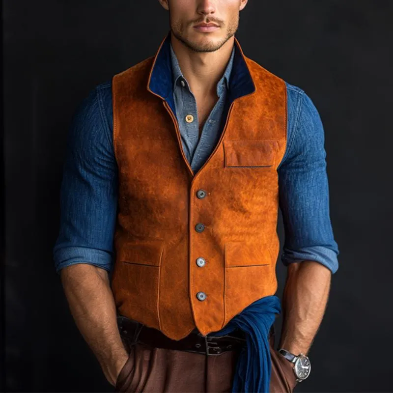 Men's Classic Casual Contrast Collar Suede Vest 06311220K