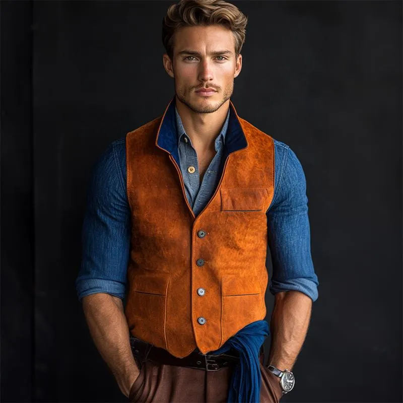 Men's Classic Casual Contrast Collar Suede Vest 06311220K