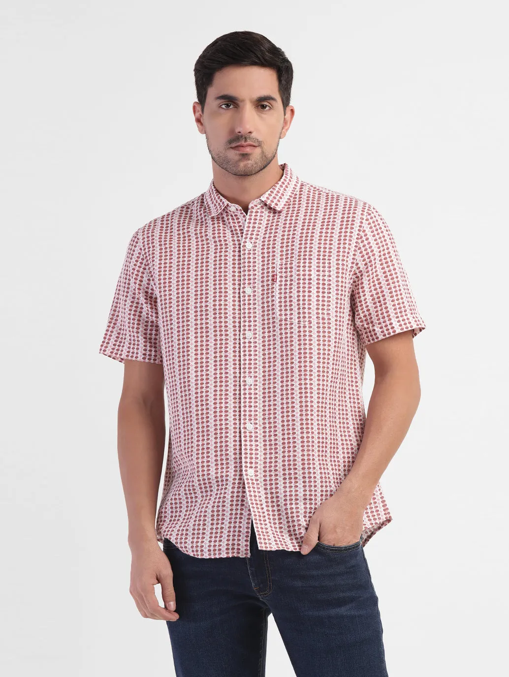 Men's Geometric Print Spread Collar Linen Shirt