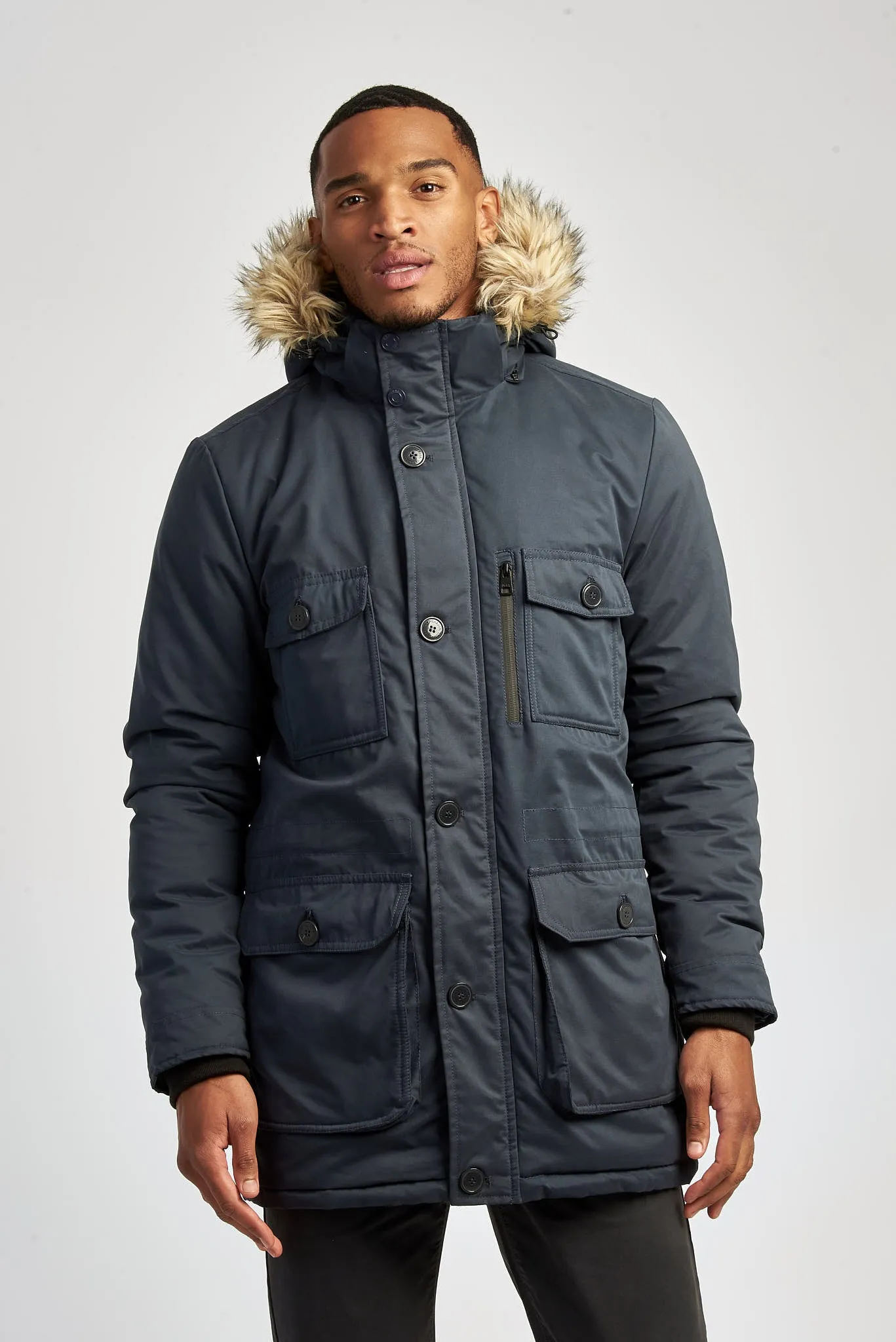 Mens Hooded Parka Coat in Ebony