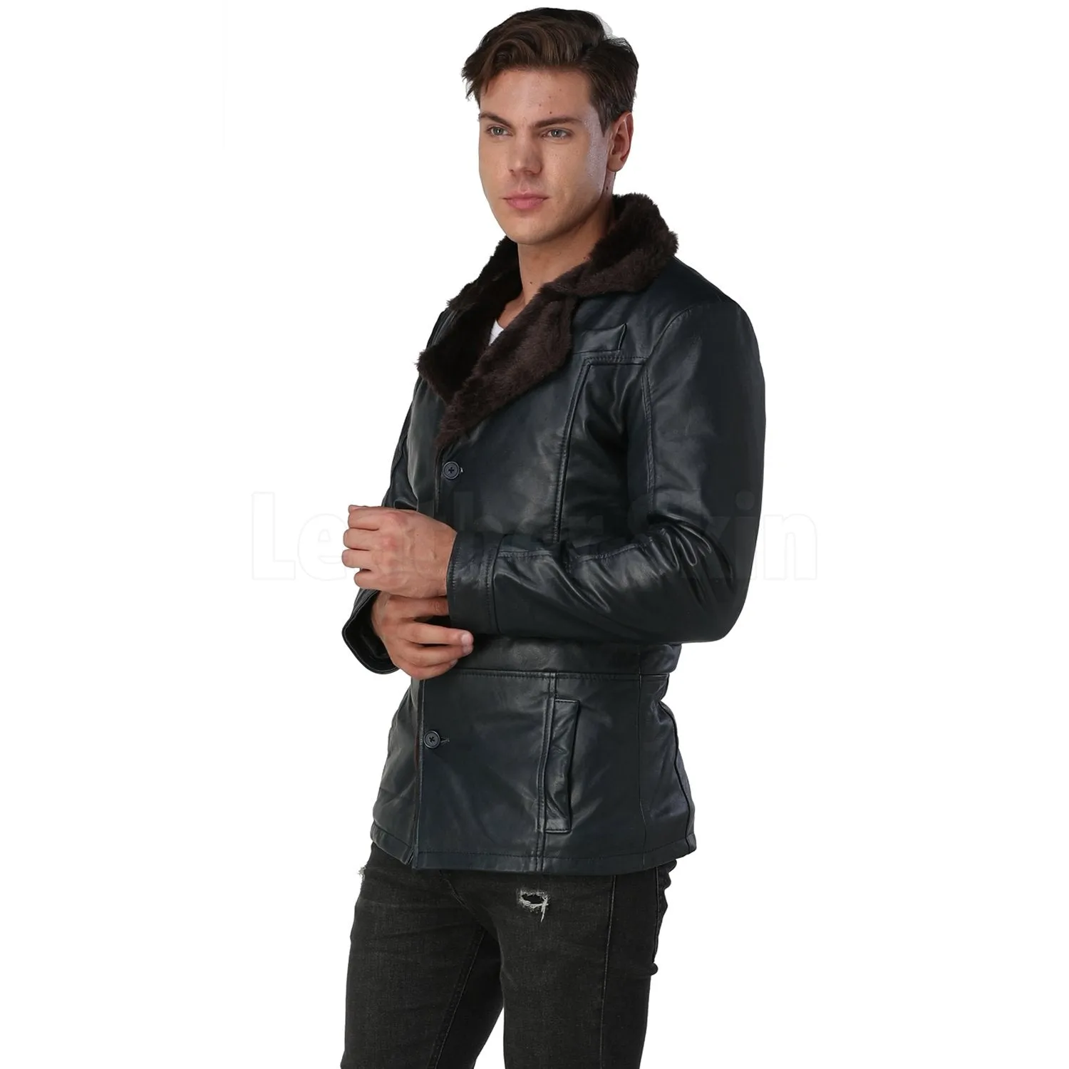 Men's Navy Blue Leather Coat