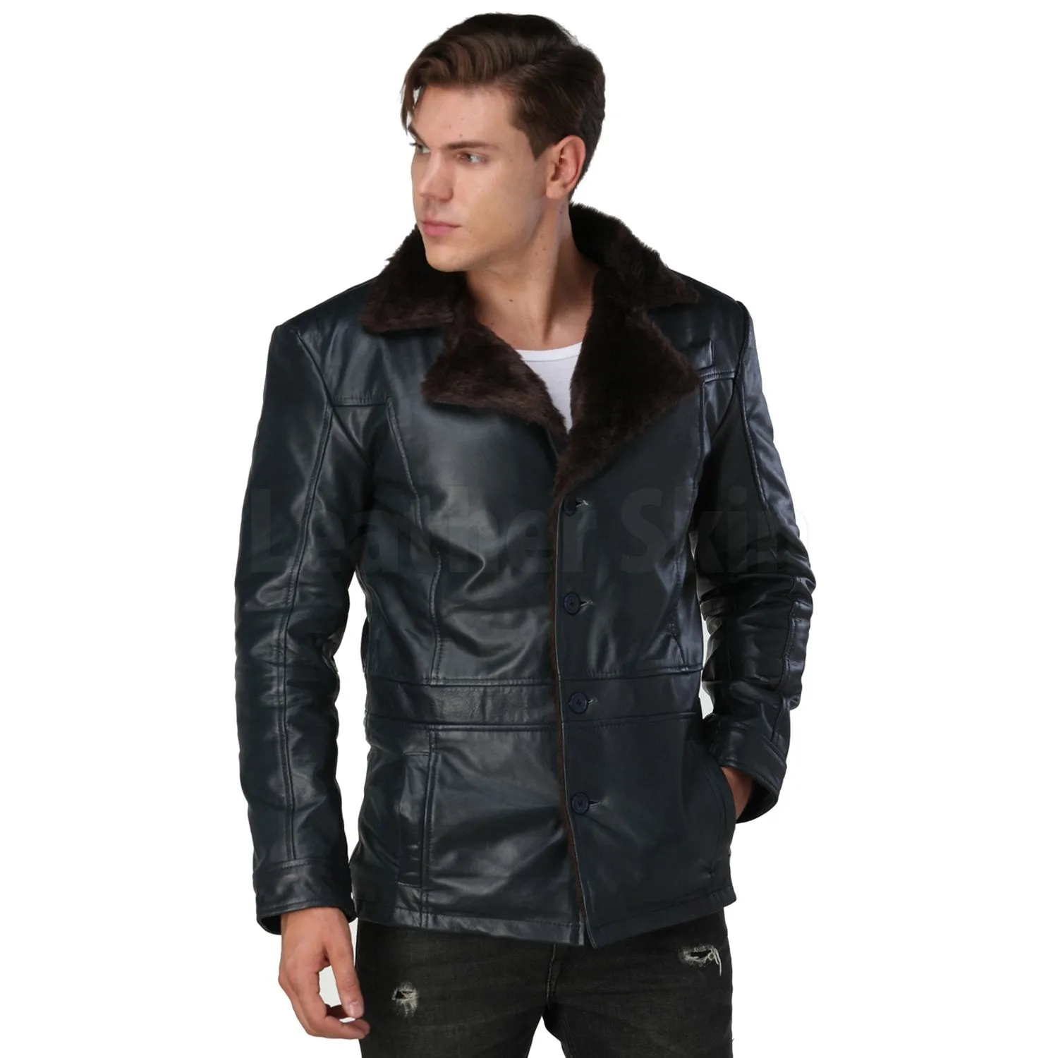 Men's Navy Blue Leather Coat