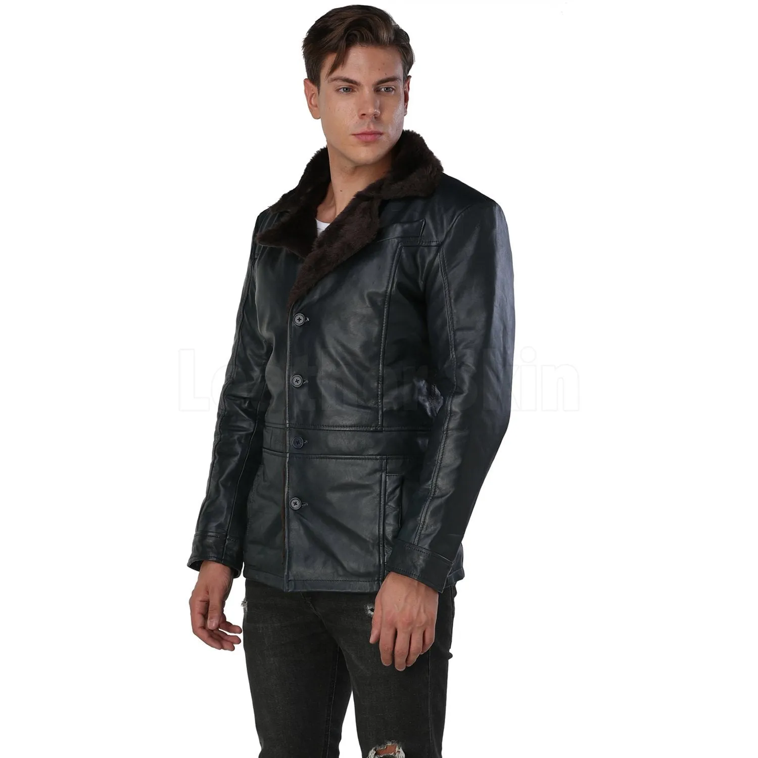 Men's Navy Blue Leather Coat