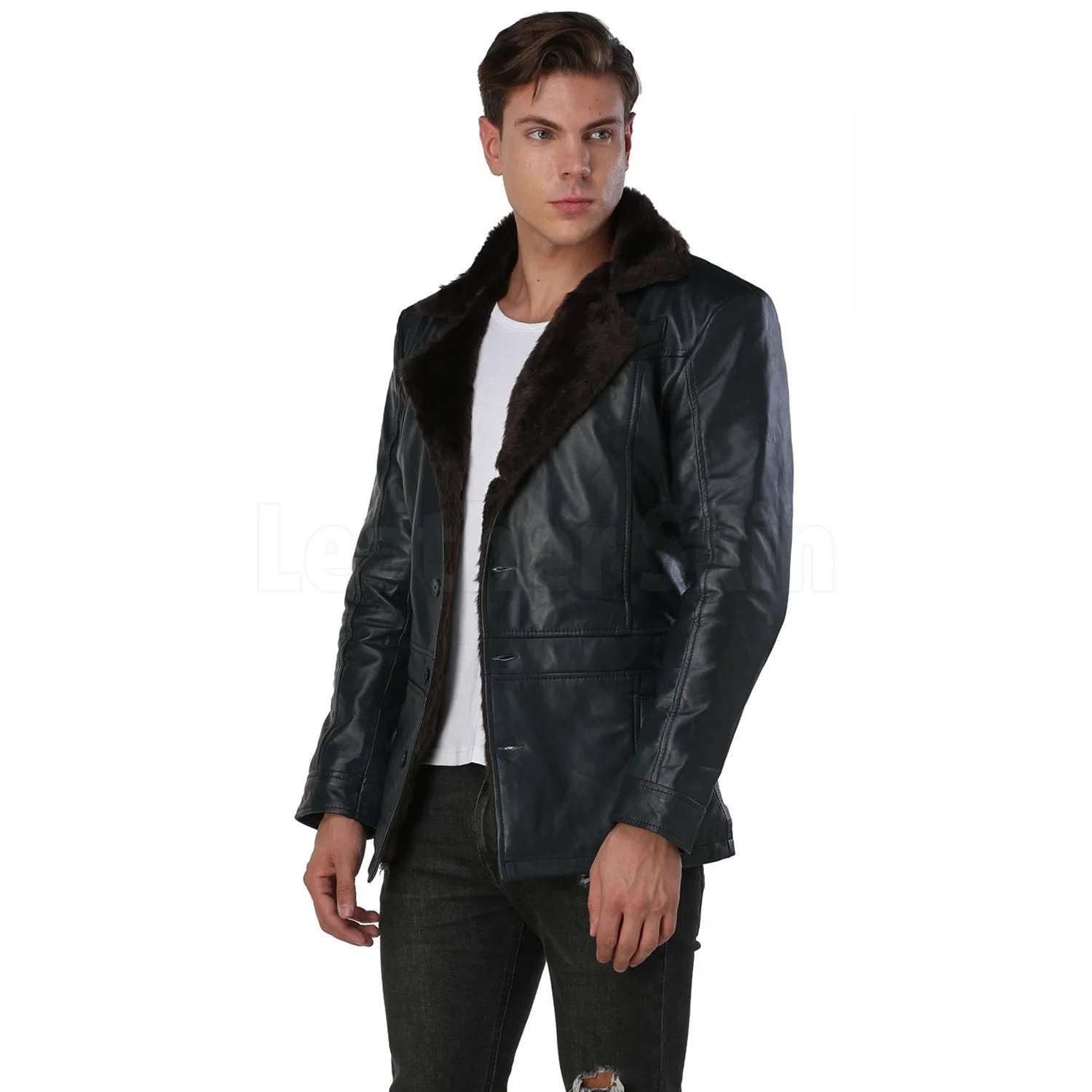 Men's Navy Blue Leather Coat