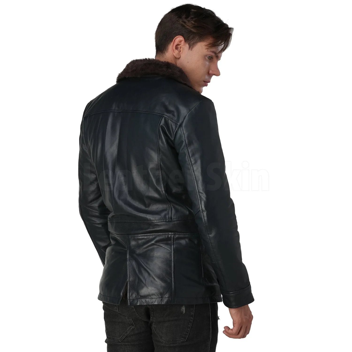 Men's Navy Blue Leather Coat