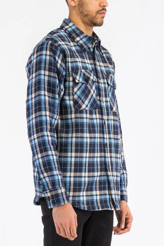 Mens Navy Blue Plaid Quilted Padded Flannel