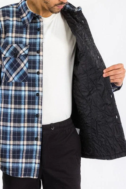 Mens Navy Blue Plaid Quilted Padded Flannel